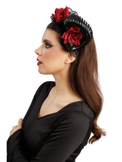 SERRE-TETE MALEFIQUE DENTELLE CORNES NOIRES ROSES ROUGES 30CM X 10.5CM X 16CM