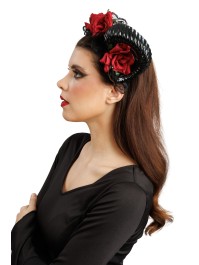 SERRE-TETE MALEFIQUE DENTELLE CORNES NOIRES ROSES ROUGES 30CM X 10.5CM X 16CM