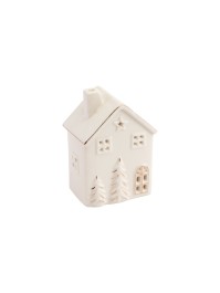 WHITE AND GOLD CERAMIC HOUSE CANDLHOLDER 9.1CM X 7CM X 13CM