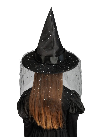 GLITTER AND BUCKLE KID BLACK WITCH HAT 35.5CM X 35.5CM X 33CM