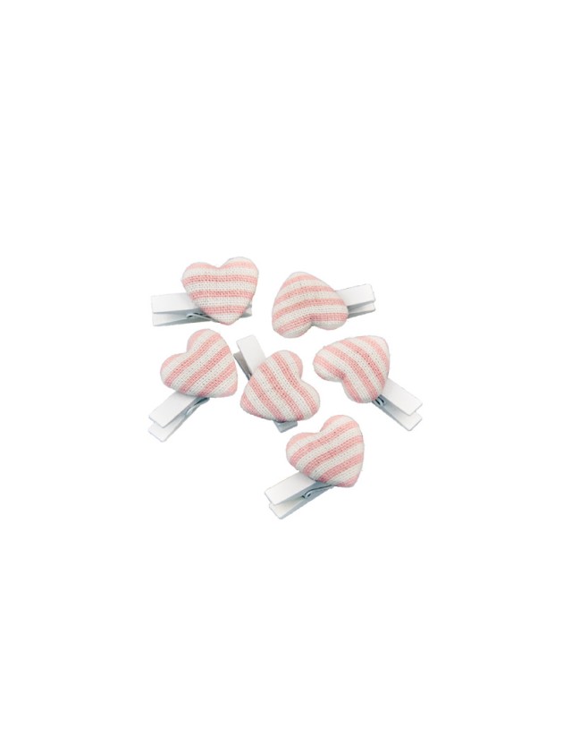 SET 6 PINCES COEUR A RAYURES ROSE PASTEL 3.8CM X 2.6CM