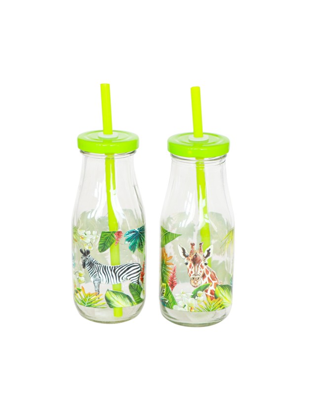 GLASS MILK BOTTLE W/ GREEN LID & STRAW 250ML - 2 ASS DIA 6.2CM X19CM