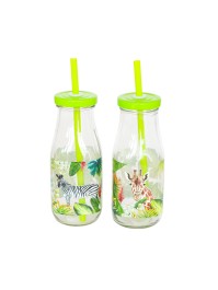 GLASS MILK BOTTLE W/ GREEN LID & STRAW 250ML - 2 ASS DIA 6.2CM X19CM