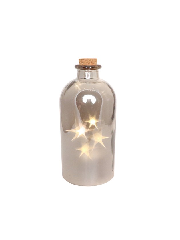 PEARLED GREY GLASS BOTTLE 5 LED STARS 11CM X 24CM