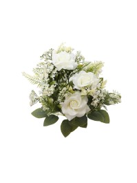 BOUQUET DE 5 ROSES AV FEUILLAGES BLANC 40.5CM