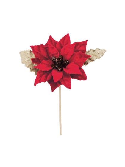 POINSETTIA ROUGE SUR TIGE FEUILLES DOREES 6CM X 9CM