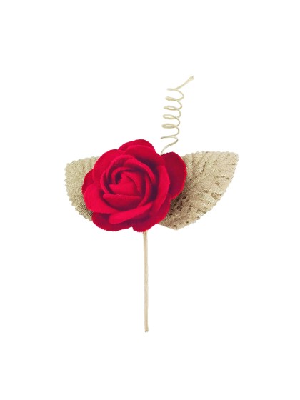 RED ROSE ON STEM W/ GOLDEN LEAVES 4.5CM X 11CM
