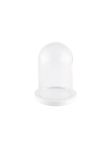 GLASS COVER ON WOODEN WHITE BASE DIA 10CM X 13.7CM