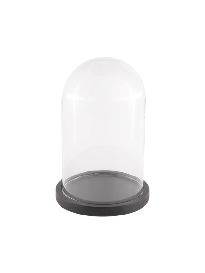 CLOCHE VERRE SUR SUPPORT BOIS NOIR DIA 14CM X 21CM