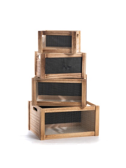 SET 4 WOODEN CRATES WITH GRID 40X30X20CM/35X25X18CM/30X 20X16CM/25X15X14CM