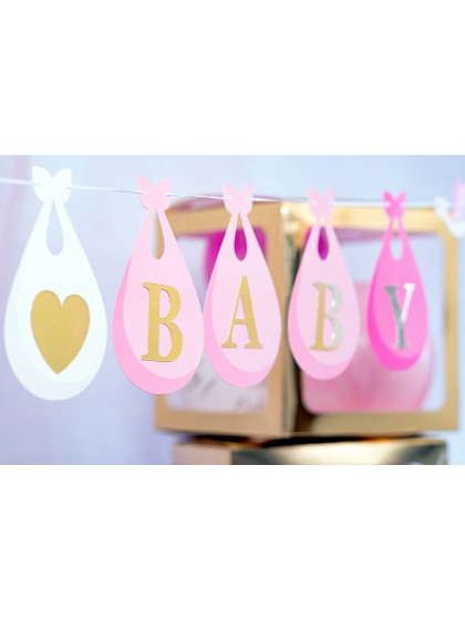 CUSTOMIZABLE BABY SHOWER GARLAND WITH STORKS WHITE/PINK 240CM X 22CM
