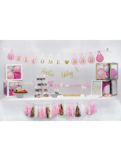 CUSTOMIZABLE BABY SHOWER GARLAND WITH STORKS WHITE/PINK 240CM X 22CM