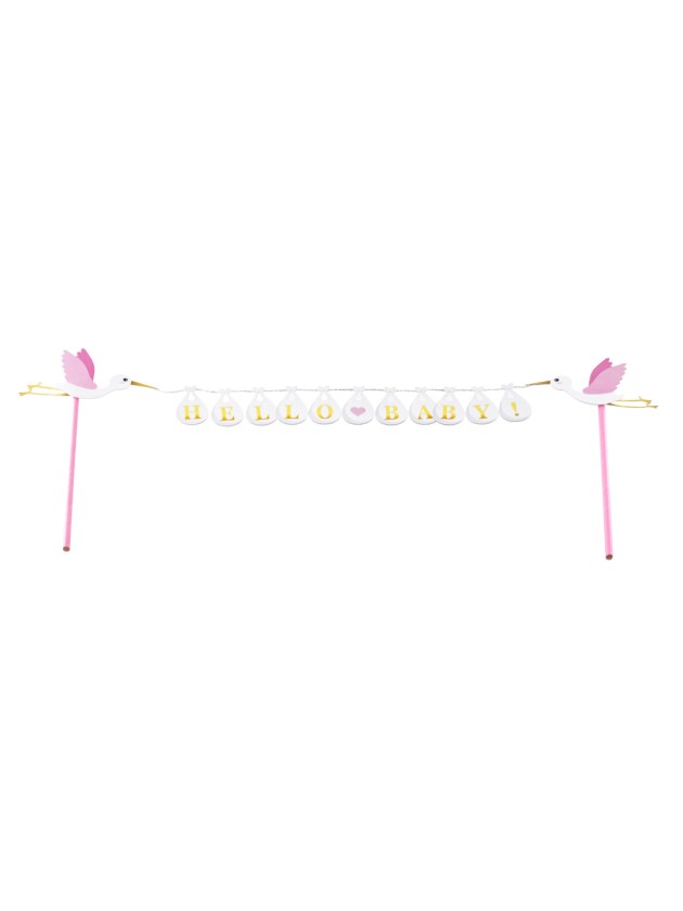 CAKE TOPPER ROSE/BLANC HELLO BABY 27CM X 16CM