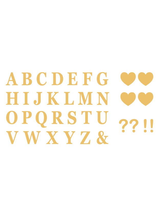 SET 48 ADHESIVE GOLD LETTERS + 4 HEARTS + 2 ? + 2 ! 7.5CM