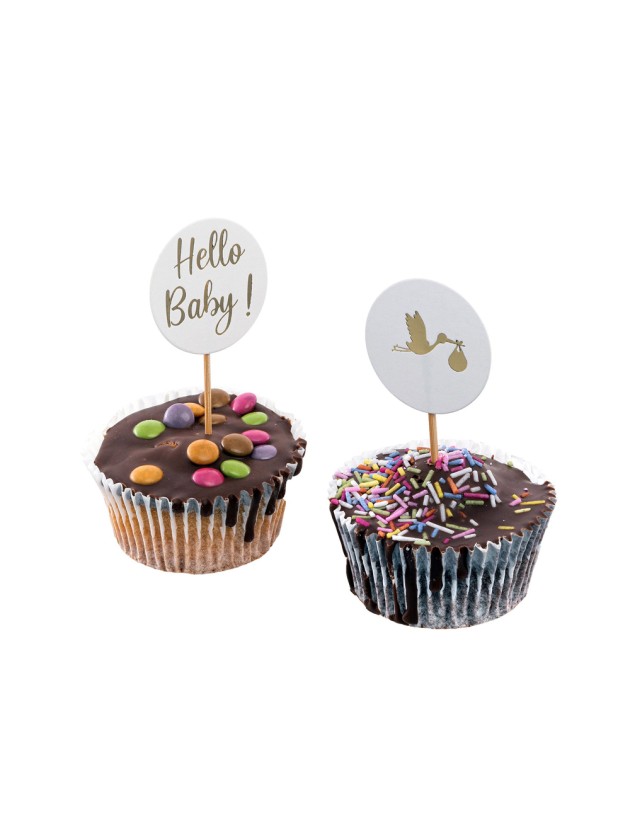SET 6 CUP CAKES STICKS HELLO BABY - 2 ASS 4CM X 8.5CM