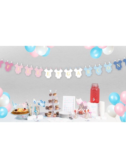 GENDER REVEAL GARLAND TO CUSTOMIZE PINK/WHITE/BLUE 3M X 23CM