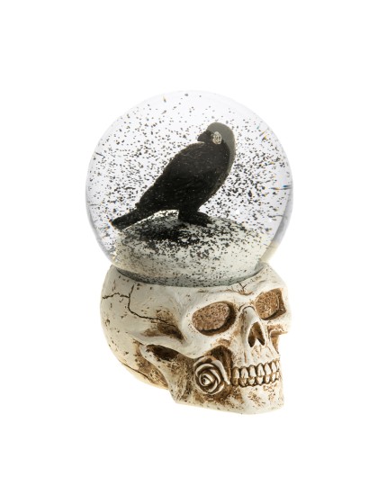 SNOWGLOBE SKULL WITH RAVEN 12 X 12.6 X 15.6CM