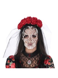 KOPFSCHMUCK TAG DER TOTEN ROSA ROT MIT VOILE BEDRUCKT 