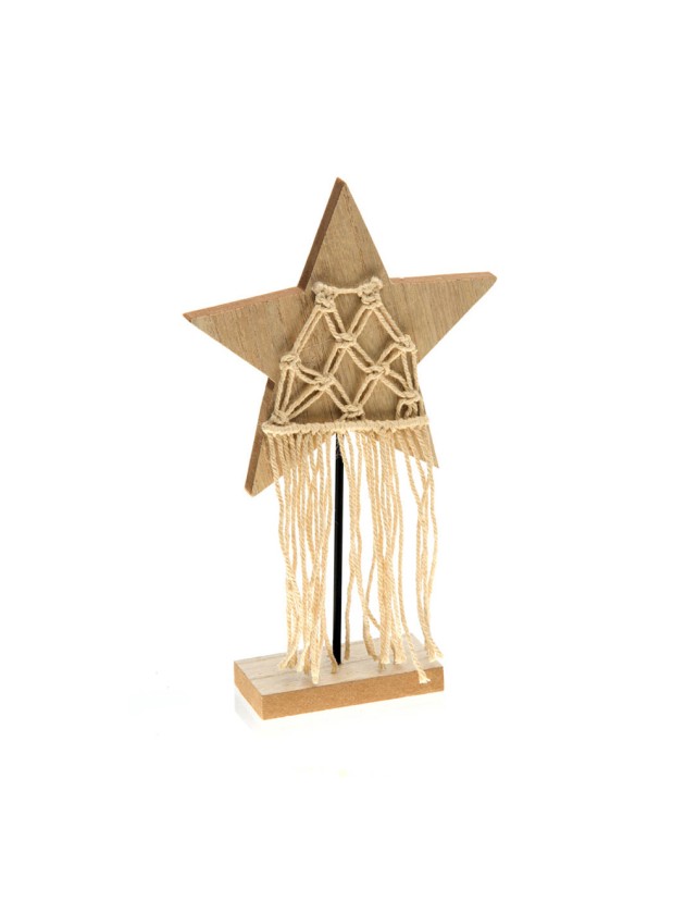 ETOILE BOIS NATUREL MACRAME SUR SOCLE 15CM X 4.5CM X 25CM