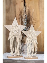 ETOILE BOIS NATUREL MACRAME SUR SOCLE 18CM X 4.5CM X 30CM