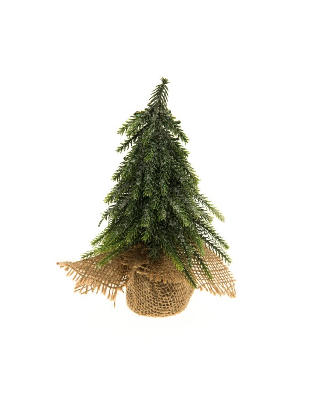 MINI SAPIN DE TABLE REALISTE SAC JUTE EFFET GIVRE 20CM