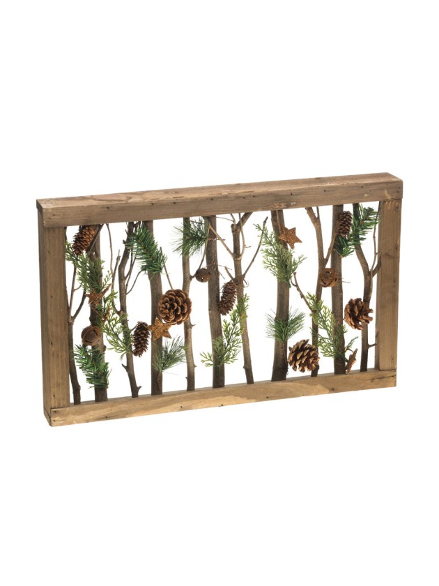 CADRE BOIS VINTAGE NOEL ETOILES PAILLETTES AMBRE ET GRELOTS VIEILLIS 50CM X 6CM X 30CM