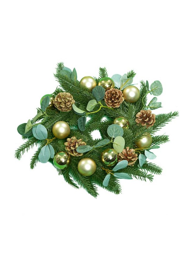 COURONNE AVENT SAPIN VEGETALE REALISTE BOULES OR POMMES DE PIN PAILLETTES DIA 30CM
