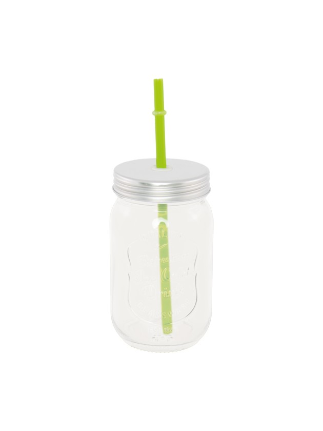 VERRE MASON JAR AVEC COUVERCLE METAL ET PAILLE VERTE 400ML DIA 7.5CM X 13CM