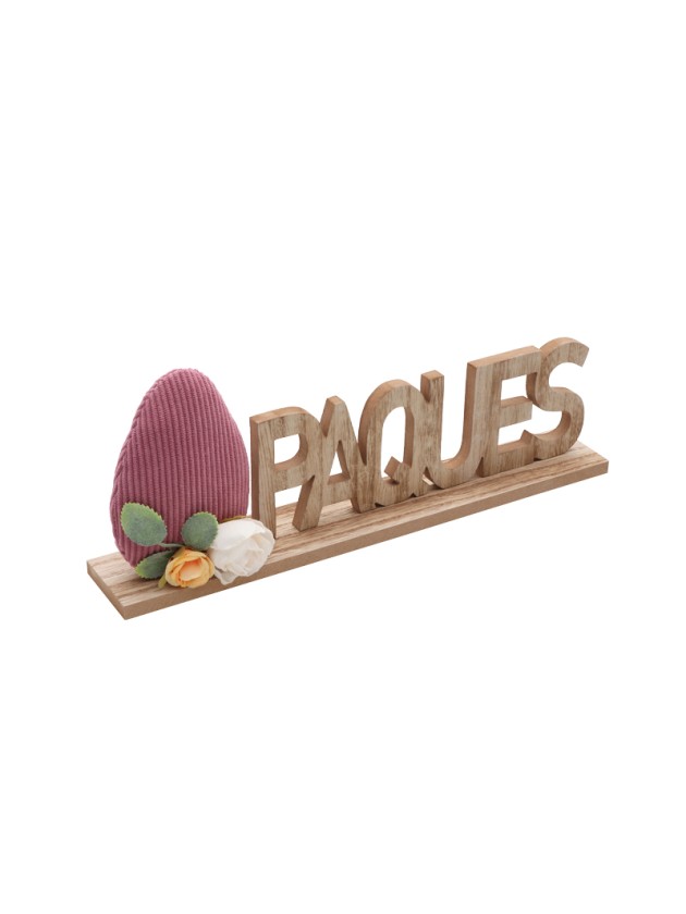 CENTRE DE TABLE PAQUES BOIS OEUF VELVET VIEUX ROSE 30CM X 5CM X 13CM