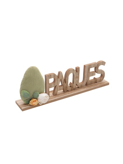 CENTRE DE TABLE PAQUES BOIS OEUF VELVET VERT SAUGE 30CM X 5CM X 13CM