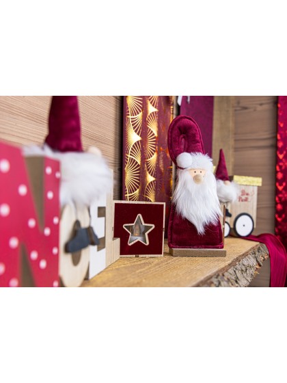 TISCHDEKORATION WEIHNACHTSMANN SAMT BORDEAUX KUNSTFELL BART WEISS 12CM X 5CM X 31CM