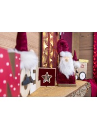 CENTRE DE TABLE PERE NOEL VELOURS BORDEAUX FOURRURE BARBE BLANCHE 12CM X 5CM X 31CM
