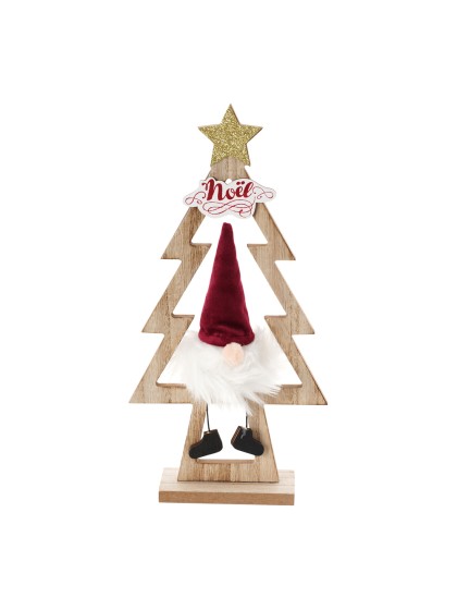 TISCHDEKORATION TANNE WEIHNACHTSMANN SAMT BORDEAUX KUNSTFELL BART WEISS 15CM X 5CM X 29CM