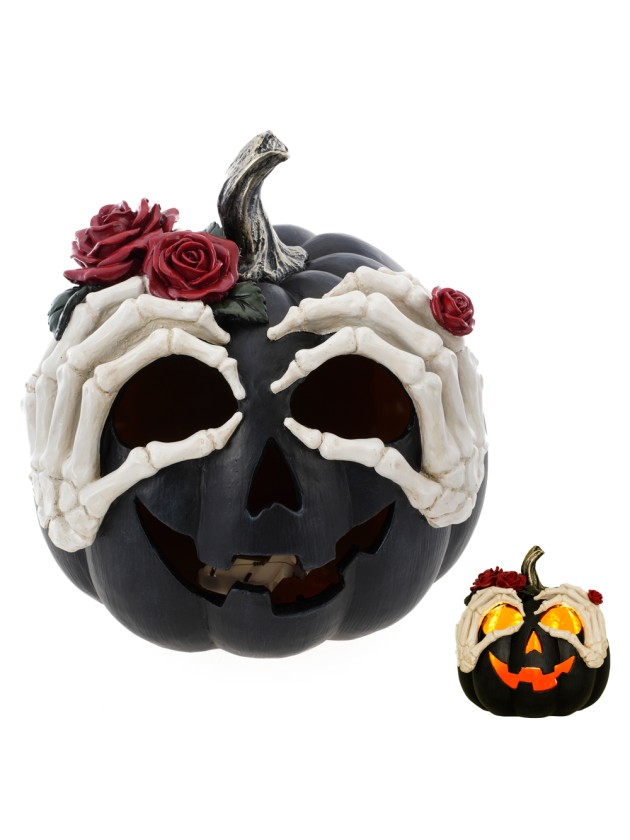 CITROUILLE NOIRE MAINS SQUELETTE RESINE AVEC LED DIA 22CM X 23CM