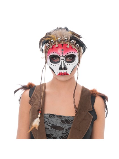 MASKE TOTENKOPF VAUDOU MIT FEDERN 