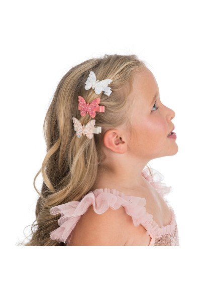 SET DE 3 BARRETTES PAPILLON BLANC - BEIGE - ROSE 5CM X 3.5CM