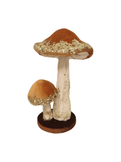2 CAMEL VELVET MUSHROOMS WITH GLITTERS 19CM X 26CM HT
