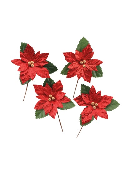 SACHET 4 POINSETTIAS SUR TIGE ROUGES BRILLANTS 6CM X 8CM