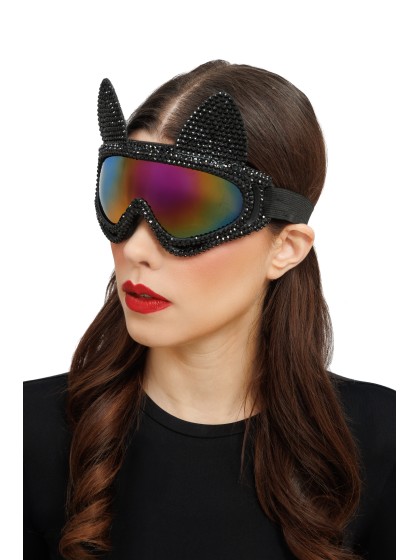 LUNETTES MASQUE DE SKI CHAT AVEC STRASS NOIR 18CM X 13CM