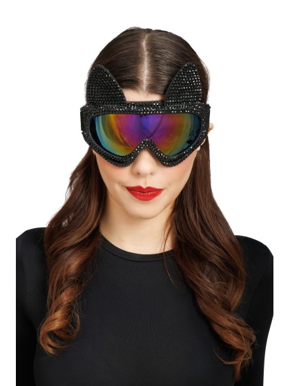 LUNETTES MASQUE DE SKI CHAT AVEC STRASS NOIR 18CM X 13CM