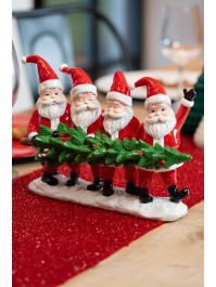 CENTRE DE TABLE RESINE 4 PERES NOEL TENANT UN SAPIN 29CM X 9CM X 19.5CM