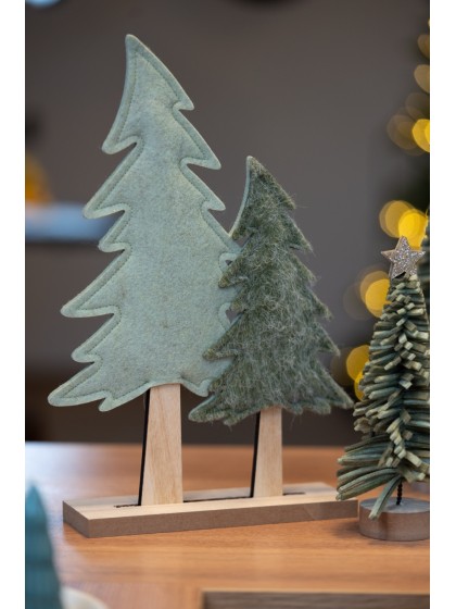 2 TANNEN FILZ GRÜN AUF HOLZSTÄNDER 19CM X 6CM X 31CM