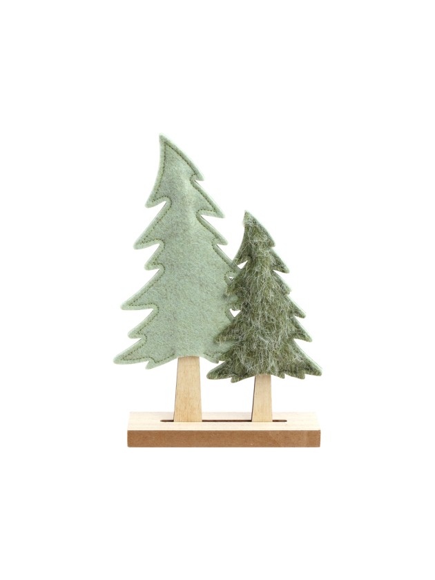 2 TANNEN FILZ GRÜN AUF HOLZSTÄNDER 13CM X 4CM X 21CM