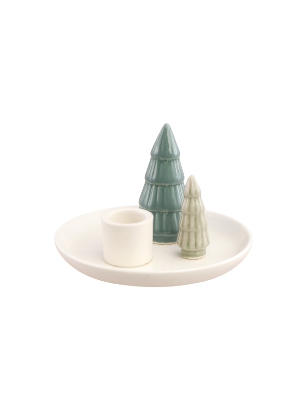 PORTE BOUGIE FLAMBEAU AVEC SAPINS VERTS SUR COUPELLE CERAMIQUE DIA 13CM X 8.5CM