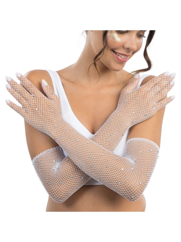WHITE RHINESTONES FISHNET GLOVES ONE SIZE - 45CM