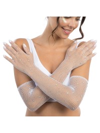 WHITE RHINESTONES FISHNET GLOVES ONE SIZE - 45CM