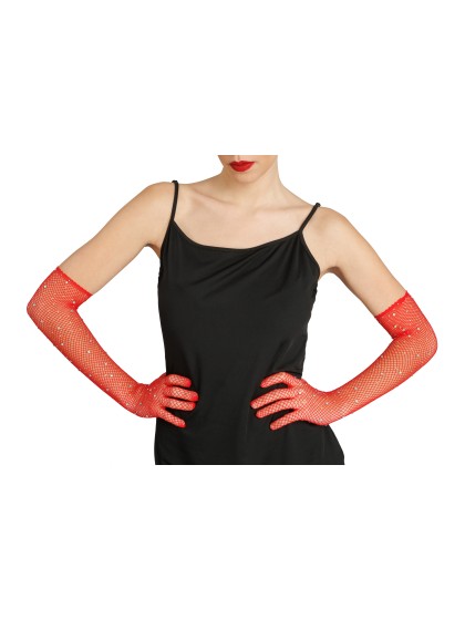 HANDSCHUHE NETZ ROT MIT STRASS Einheitsgröße - 45CM
