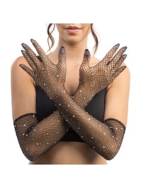 HANDSCHUHE NETZ SCHWARZ MIT STRASS Einheitsgröße - 45CM