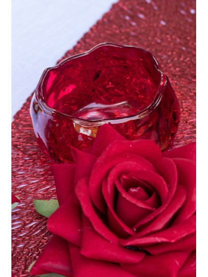 KERZENHALTER GLAS FORM KAMELIE ROT 6.5CM X 6.5CM X 3.7CM