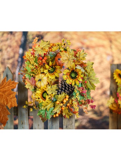 COURONNE AUTOMNALE TOURNESOLS ET CITROUILLES DIA 50CM X 12CM
